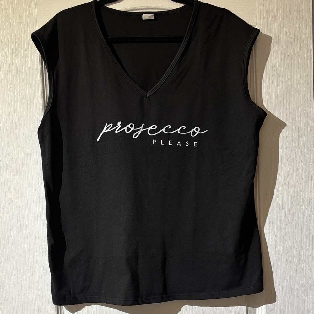 SHEIN Black V-Neck Muscle Tee with Prosecco Print NWOT
